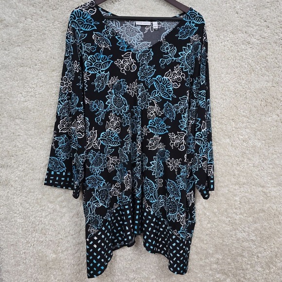 Susan Graver Top Womens 4X Blue Black Floral 3/4 Sleeve‎ Liquid Knit Stretch - Picture 1 of 10